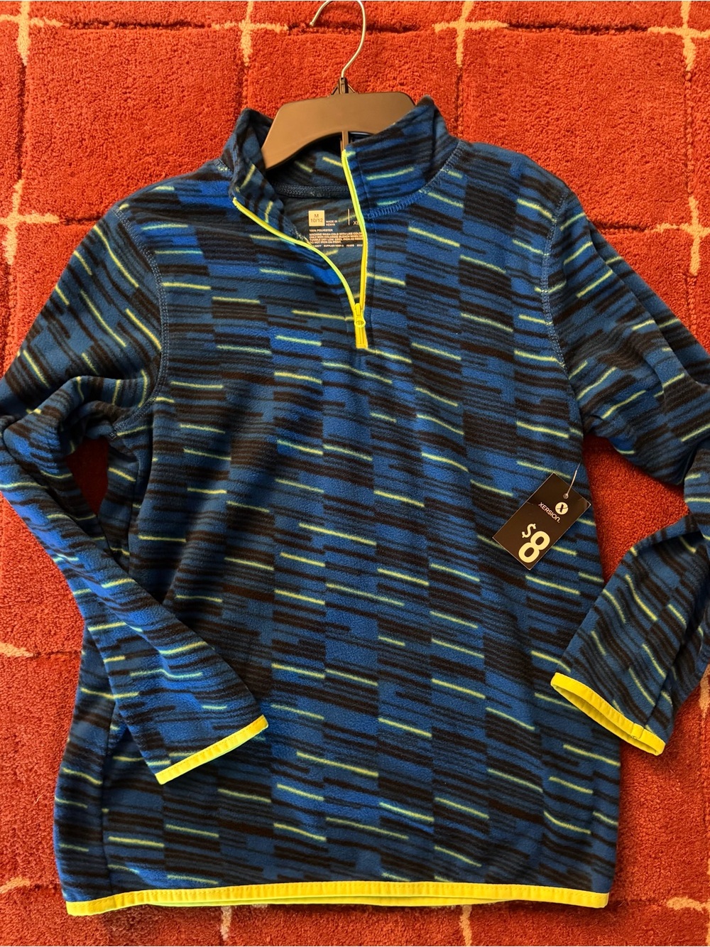 Boy’s Blue Patterned Quarter-Zip Pullover with Yellow Trim